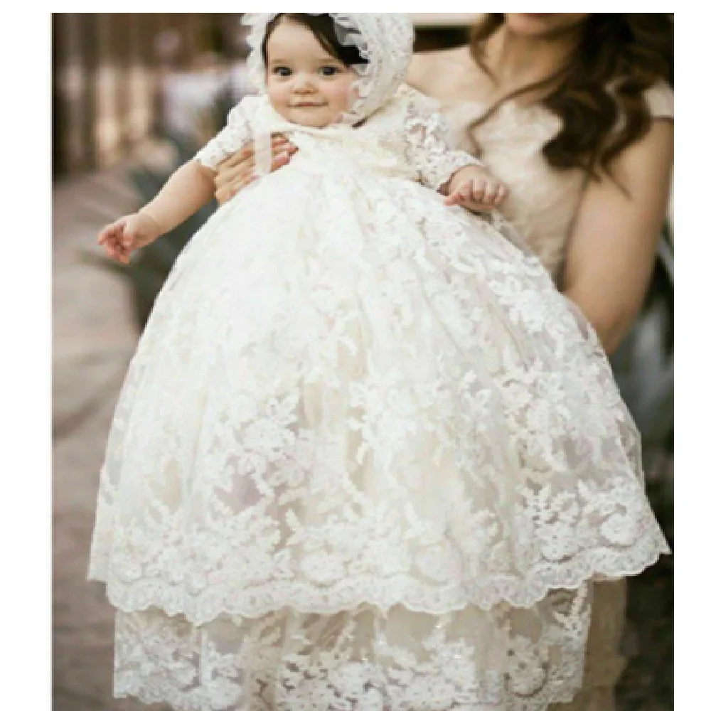 Lovely Half Sleeve Girl White Dresses para Batismo Baby Girl Clothing 1 Year Birthday Party Toddler Christening Gown