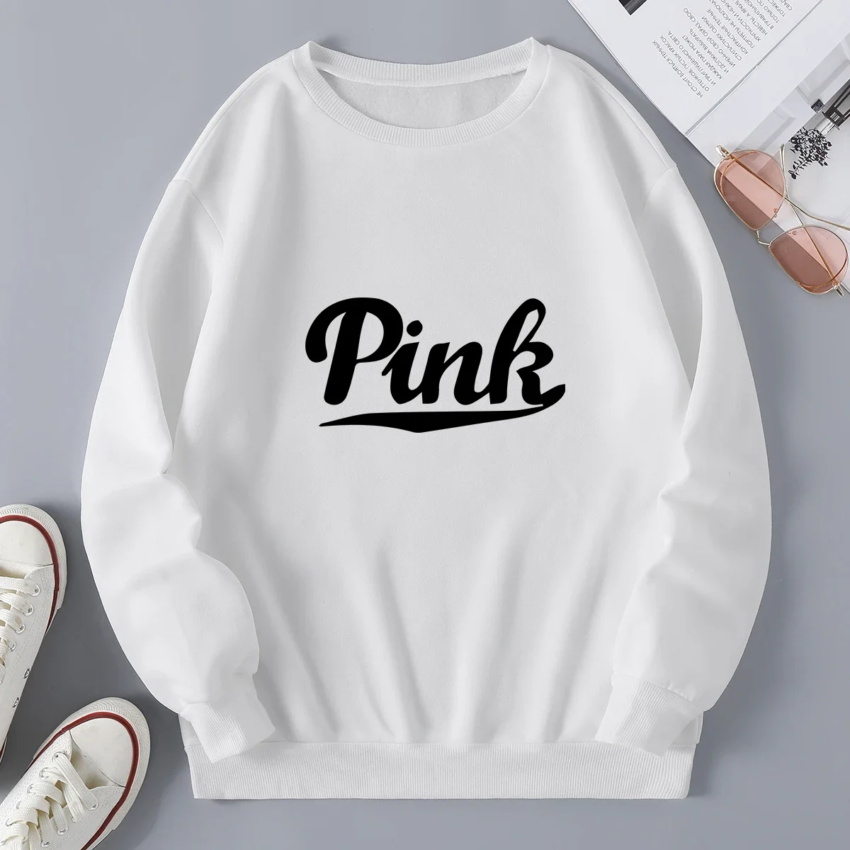 Womens Loose Tracksuit Simplicity Printing Sweatshirt Casual High Quality Versatile Pullover Lady  Daily Black White Clothing