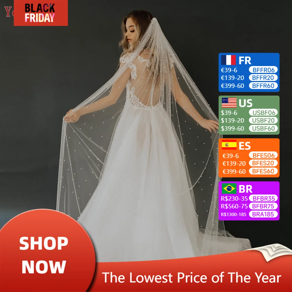 YouLaPan V05 Elegant Wedding Veil for Bridal Romantic Scattered Pearls Marries 5 Meters Bridal Veil Cathedral Wedding Veil Ivory