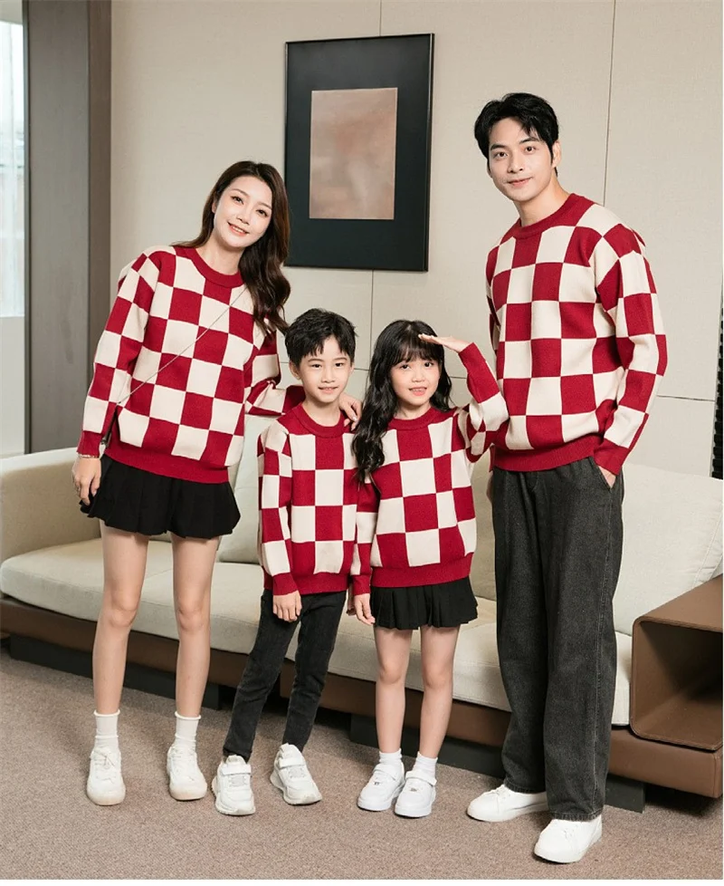 Family Matching Sweater Red Plaid Christmas Knit Pullover Winter Autumn Family Knitwear Parent-child Clothes Knitwear Tops