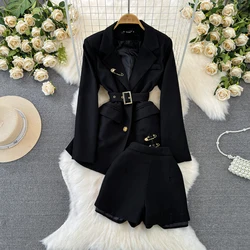 Fashion Two Piece Shorts Set Vintage Streetwear Mid length Jacket Wrapped Suit Coat High Waist Slim Wide Leg Shorts