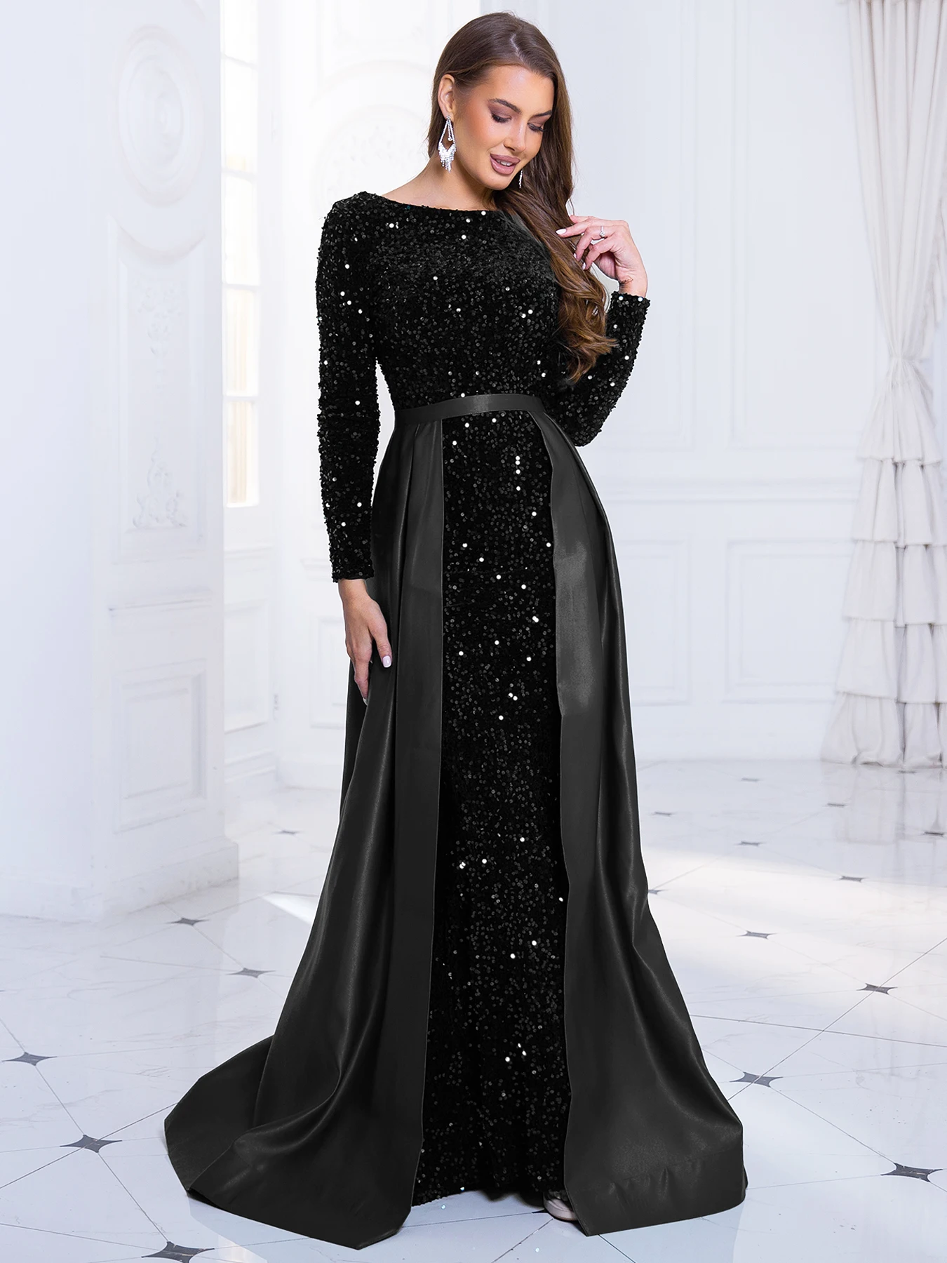 Red Long Sleeve O Neck Stretch Sequin Party Dress Floor Length Evening Night Prom Gown with Detachable Lace Up Skirt Green Black