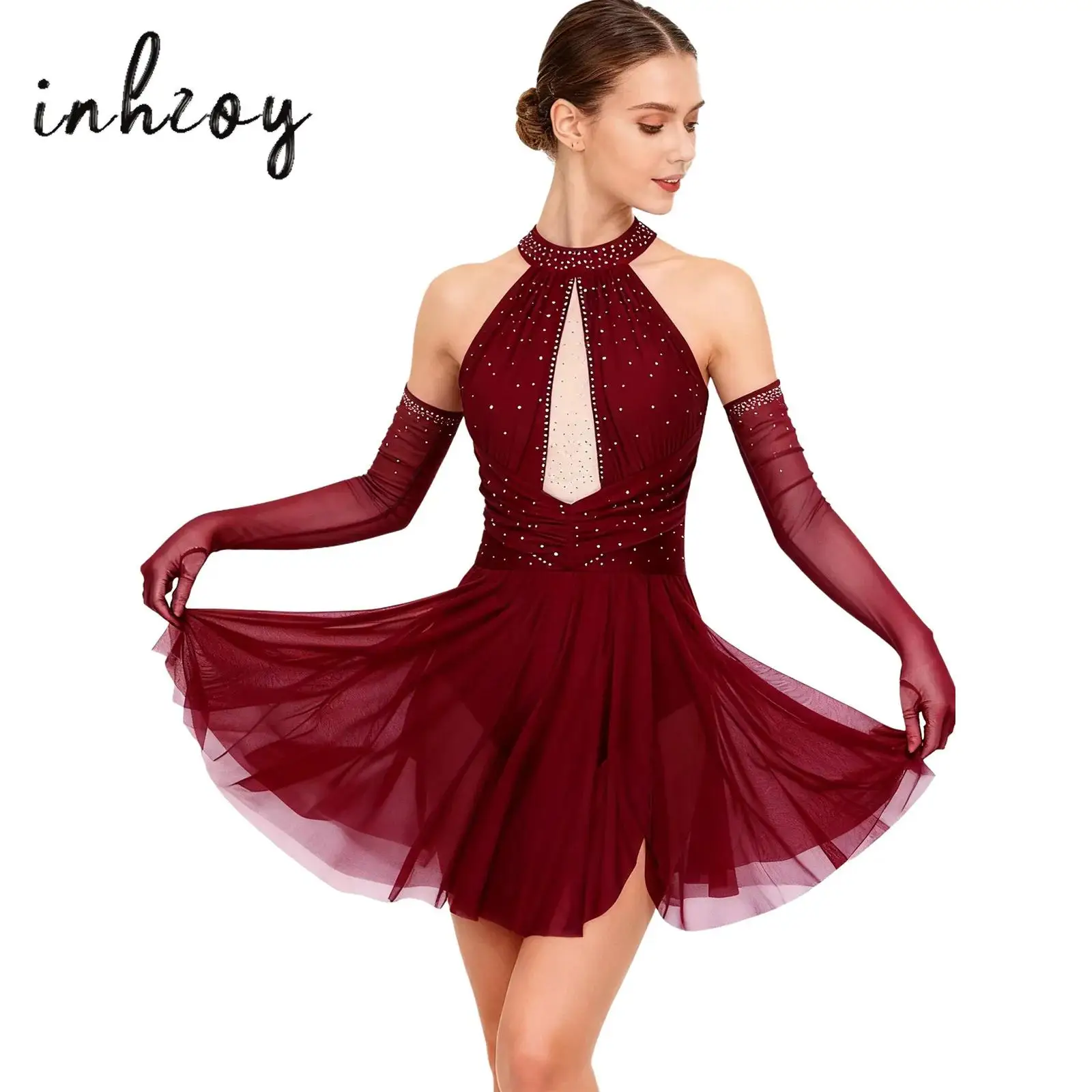

Womens Lyrical Ballet Dress Figure Skating Dance Costume Hollow Out Backless Rhinestone Dress Built-in Briefs with Gloves Outfit