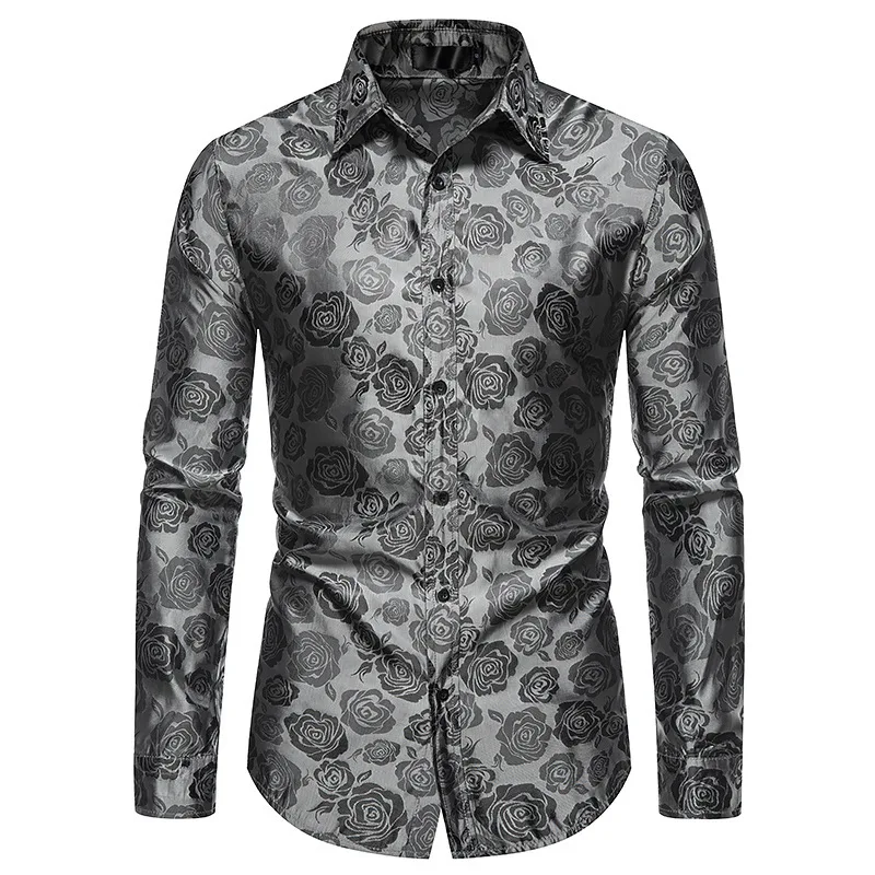 

Men's Floral Gray Dress Shirts 2024 Stylish New Long Sleeve Steampunk Shirt Men Party Club Bar Social Shirt Male Chemise Homme