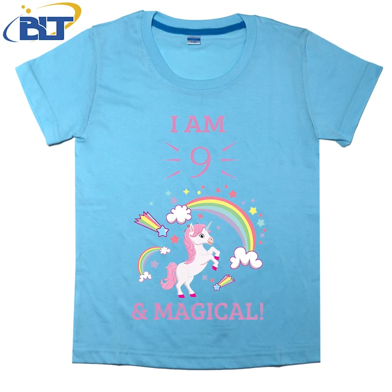 9th Birthday Rainbow Unicorn printed kids T-shirt, summer cotton short-sleeved casual top, suitable for both boys and girls