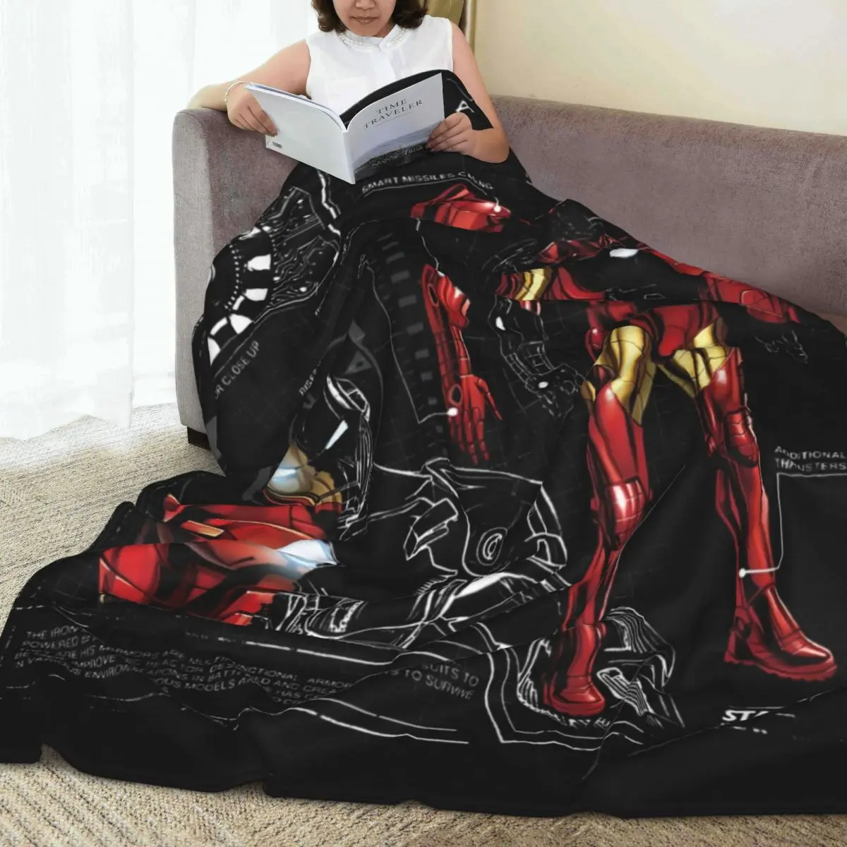 Iron Man Armor Plated Suit Blue Print Schematic Throw Blanket Flannel Bedspread DecorGraphic Sofa Bed Cover