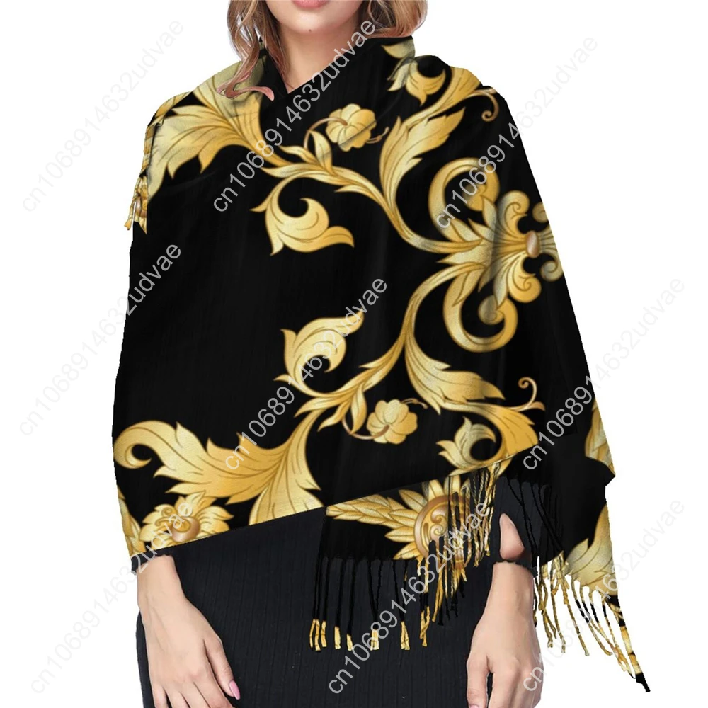 Schwarze Schals für Damen Winter goldene Blumen Kaschmir Schal Pashmina Schals Wraps weiblichen Foulard Bandana dicken Druck