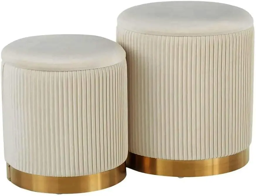 Storage Set of 2, Off-White Velvet Ottoman for Living Room, Round Storage Ottoman,   Gold Ottoman with Storage