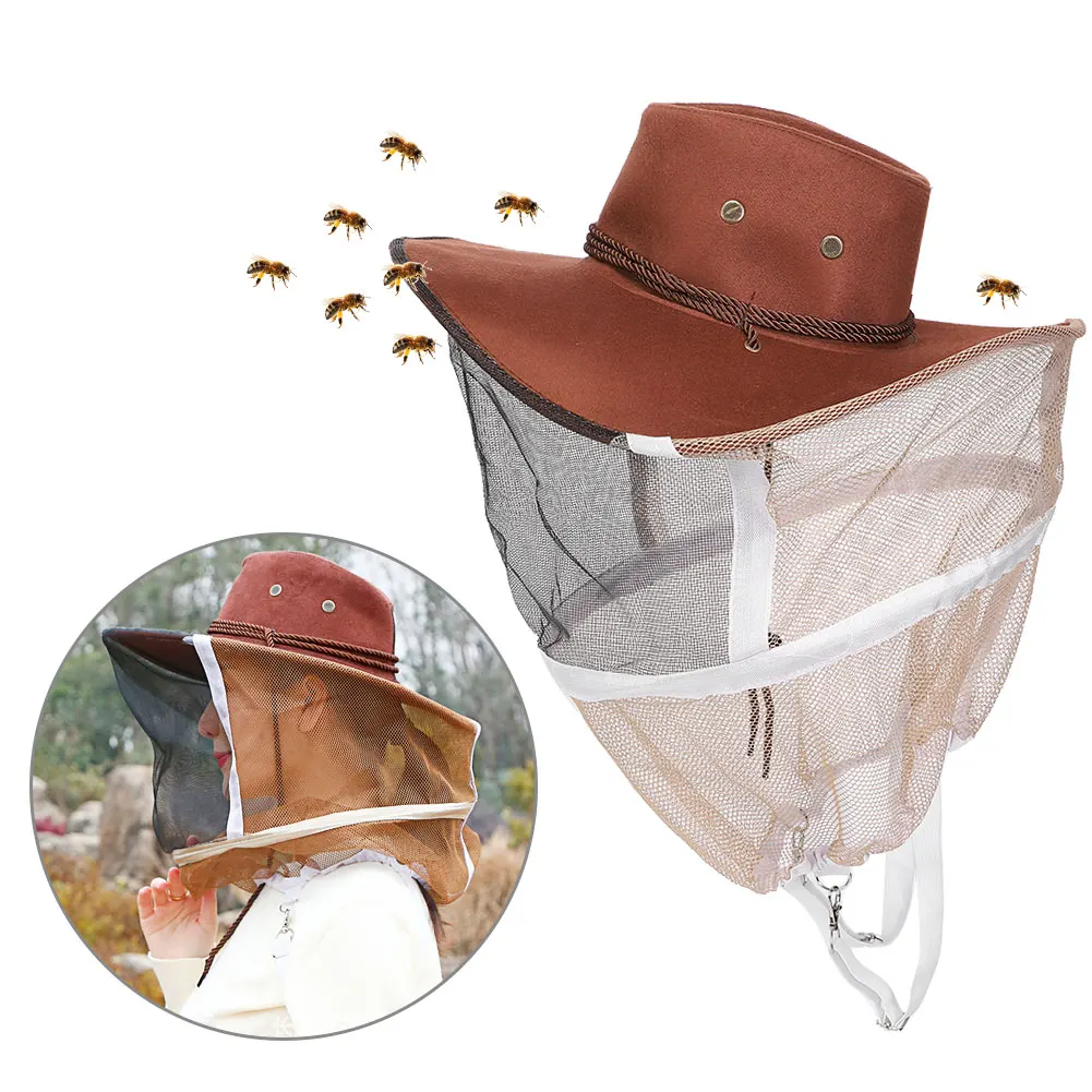 Cowboy Brown Red 360° Safe Protection Anti Bee Stinging Mosquito Biting Beekeeper Protective Hat With Fixing Strap Accessory