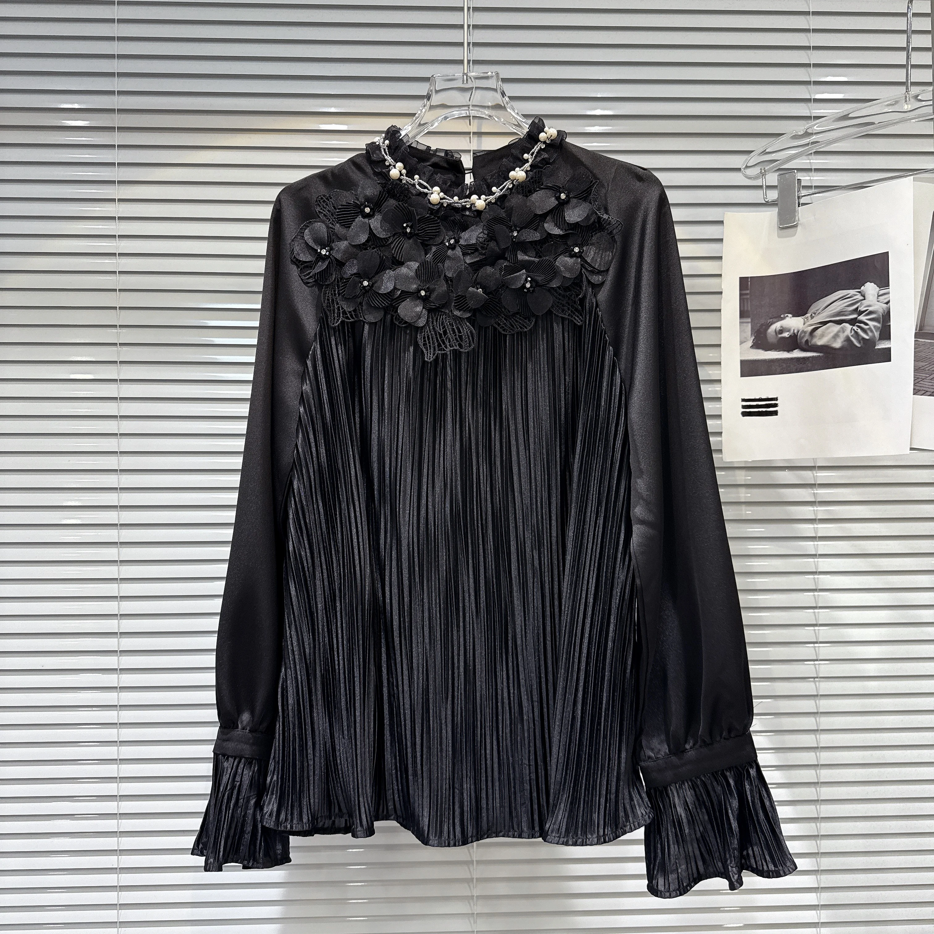 Elegancka francuska bluzka w stylu socjality, uniwersalna koszula z długim rękawem, kwiaty 3D, perły, luźna, codzienna bluzka szyfonowa, top damski na lato.
