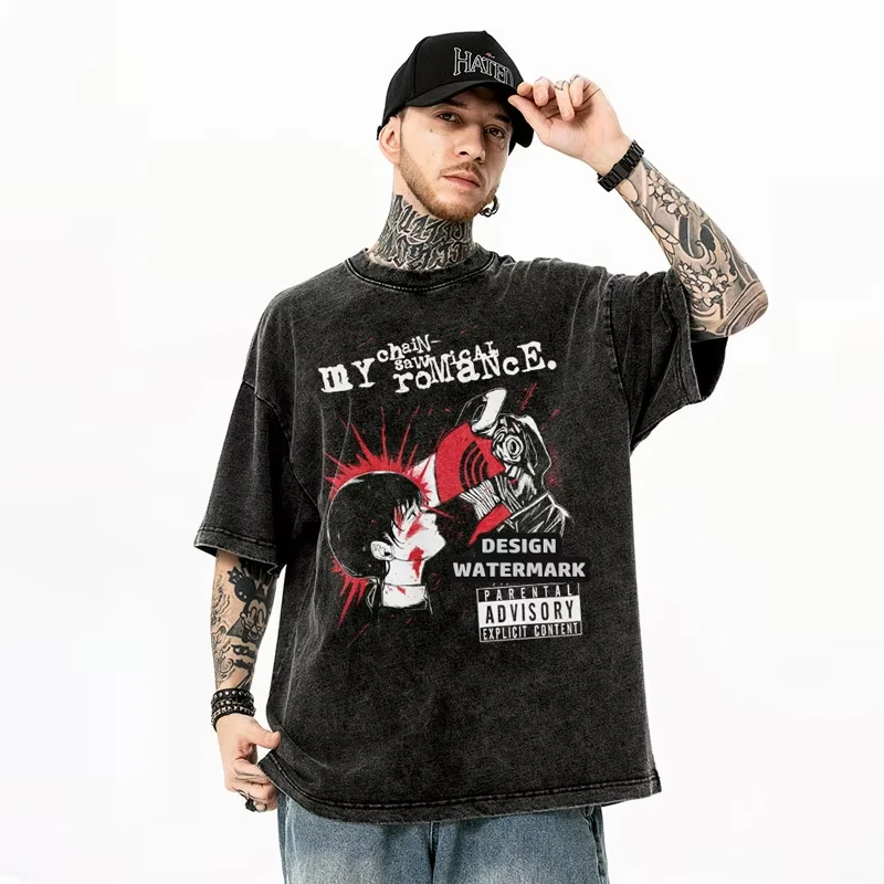 

Vintage Street Style Anime T-shirt Washed Old Style Men and Women Short Sleeves Loose Trend Oversize with Hot Blood Anime Youth