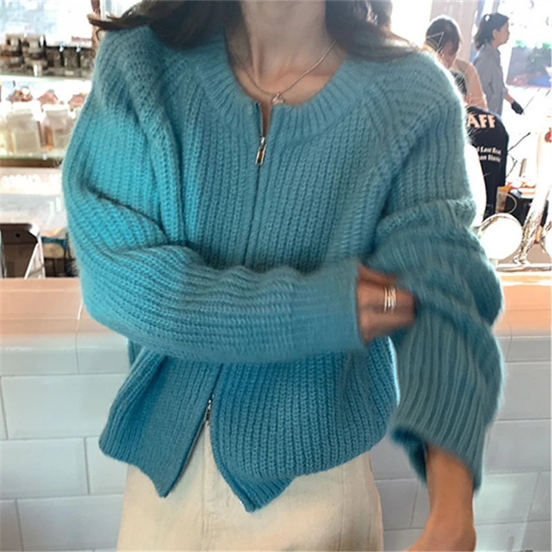 Zip Up Cardigan for Women Zipper Front Crew-Neck Long Sleeve Cozy Knitted Sweater Jacket Fall Winter Teen-girl Basic Outfit