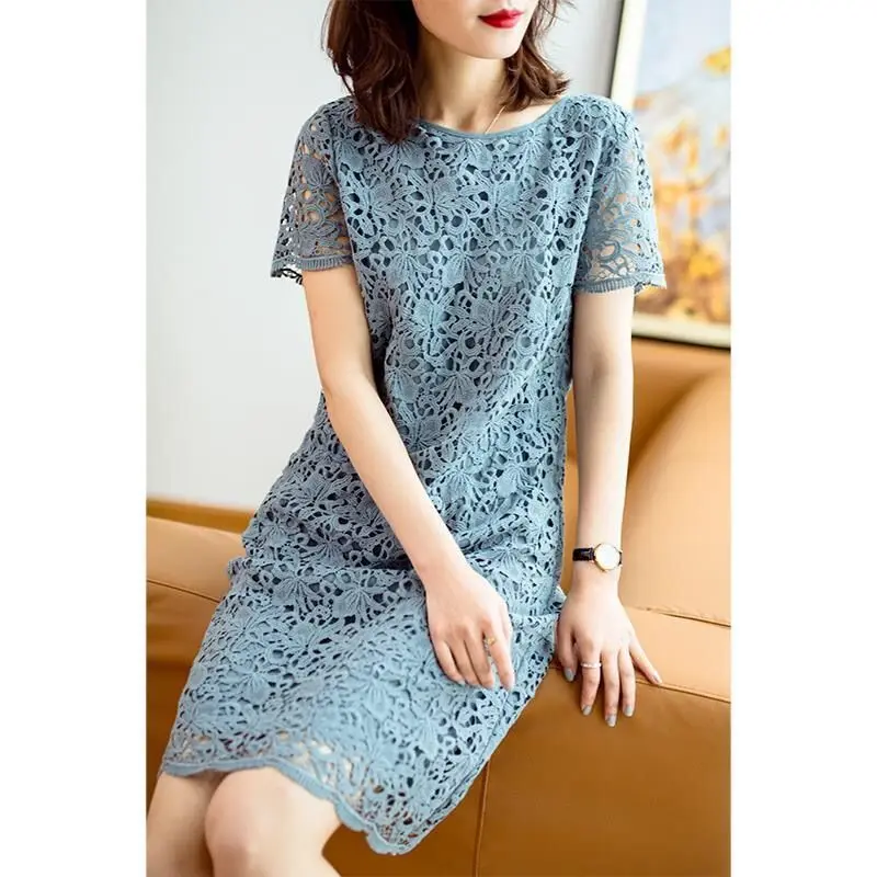 Knee Skirts Skinny Temperament Round Neck Short Sleeve Hollow Out Solid Dignified Dresses Elegant Casual Women\'s Clothing 2023