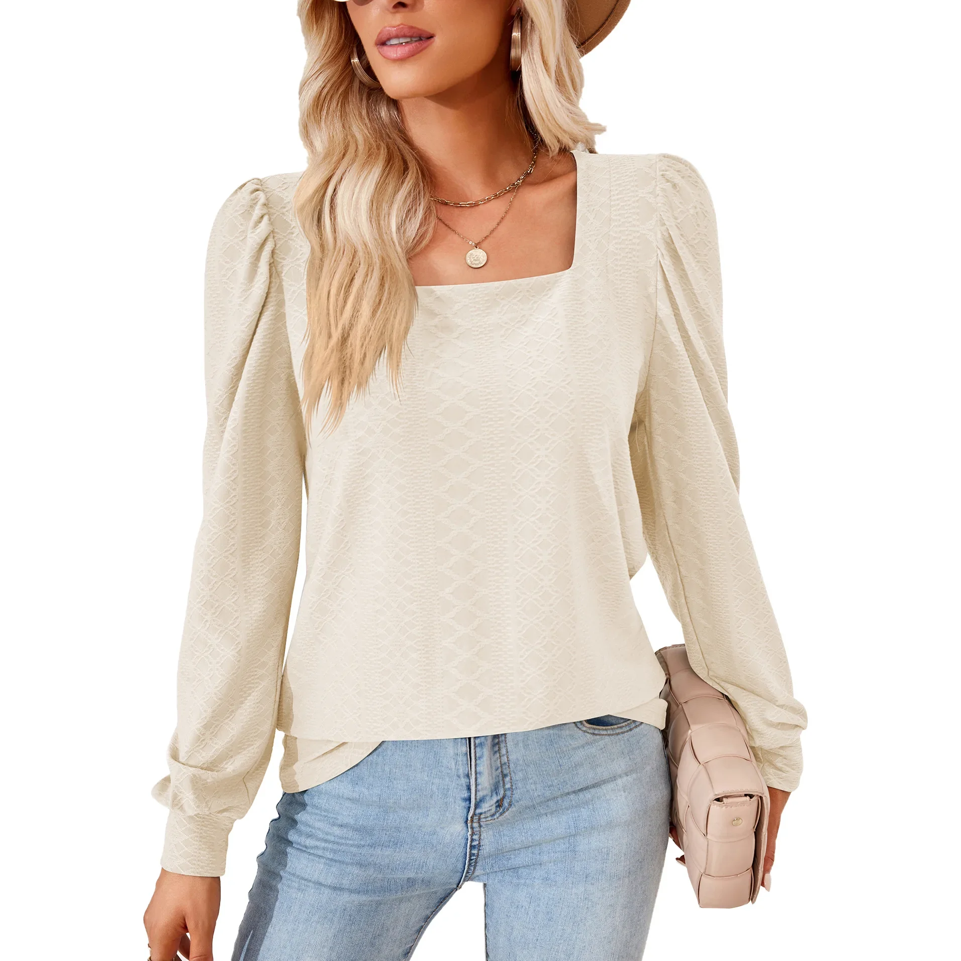 Women's Pleated Loose T-shirt, Long Sleeve, Square Neck, Monochromatic