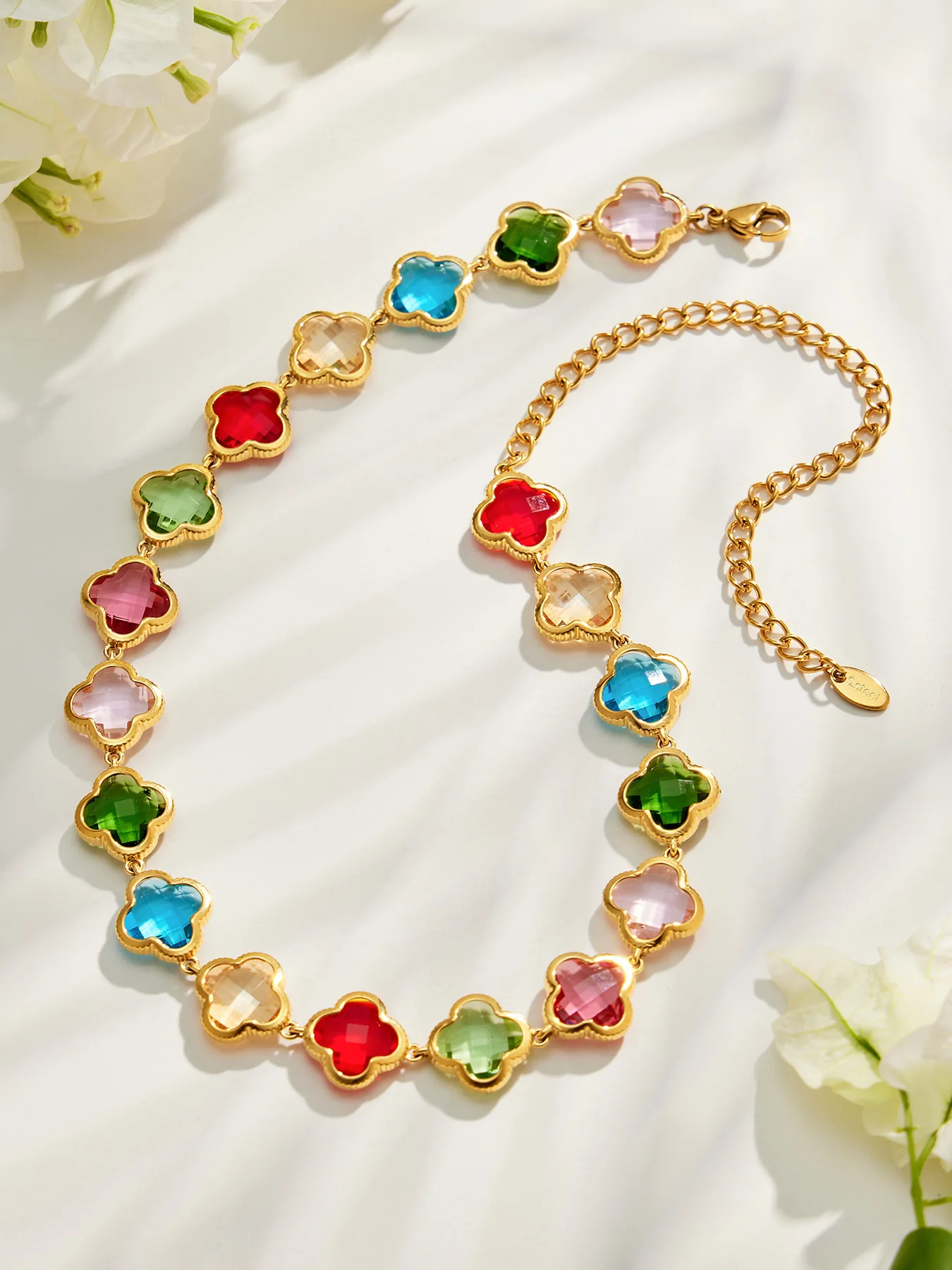 Facettierter Glasstein 4-Blatt-Blumen-Halskette Armband Ohrringe 18k Vergoldeter Edelstahl 3-teiliges Kleeblatt-Schmuckset für Damen – Detail 19