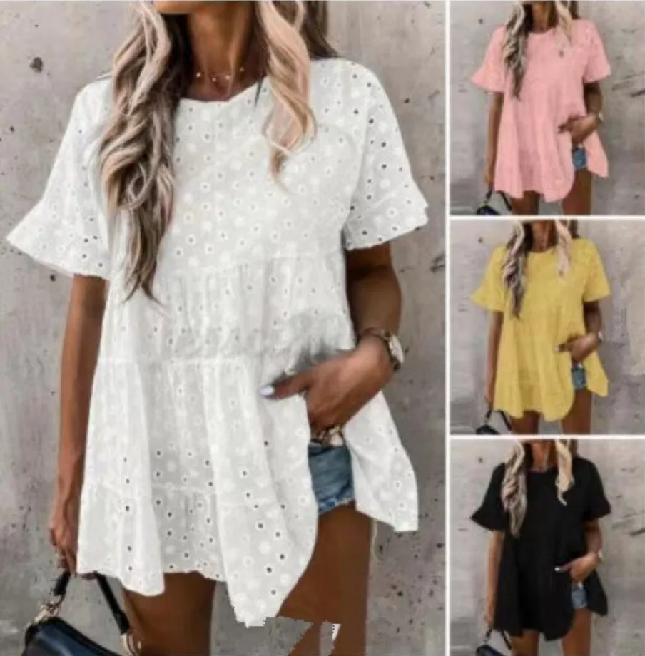 

Top Women's Summer New Solid Color Cotton And Linen Hollow Sweet Round Neck Short-sleeved Shirt Vestido Plus Size 3XS-3XL