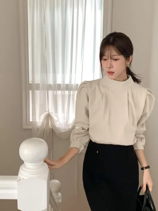 Ele Korean Sle Damska bluzka z długim rękawem, stójką, delikatnie plisowana, uniwersalna, codzienna, modna na wiosnę, lato i jesień.