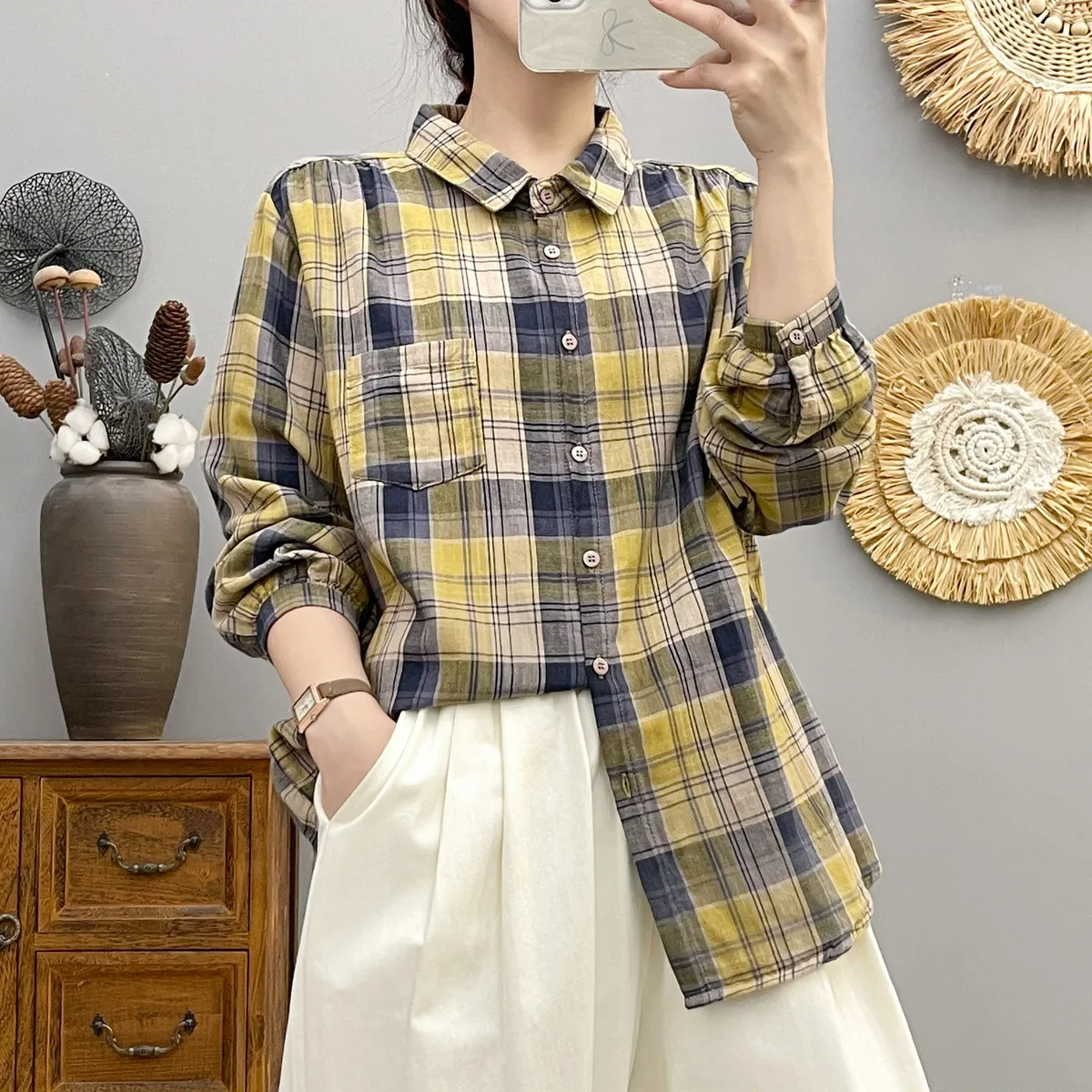 Plus size tops Korean fashion autumn check shirts cotton yarn women\'s plaid shirt long sleeve tops coffee pink yellow plaid tops