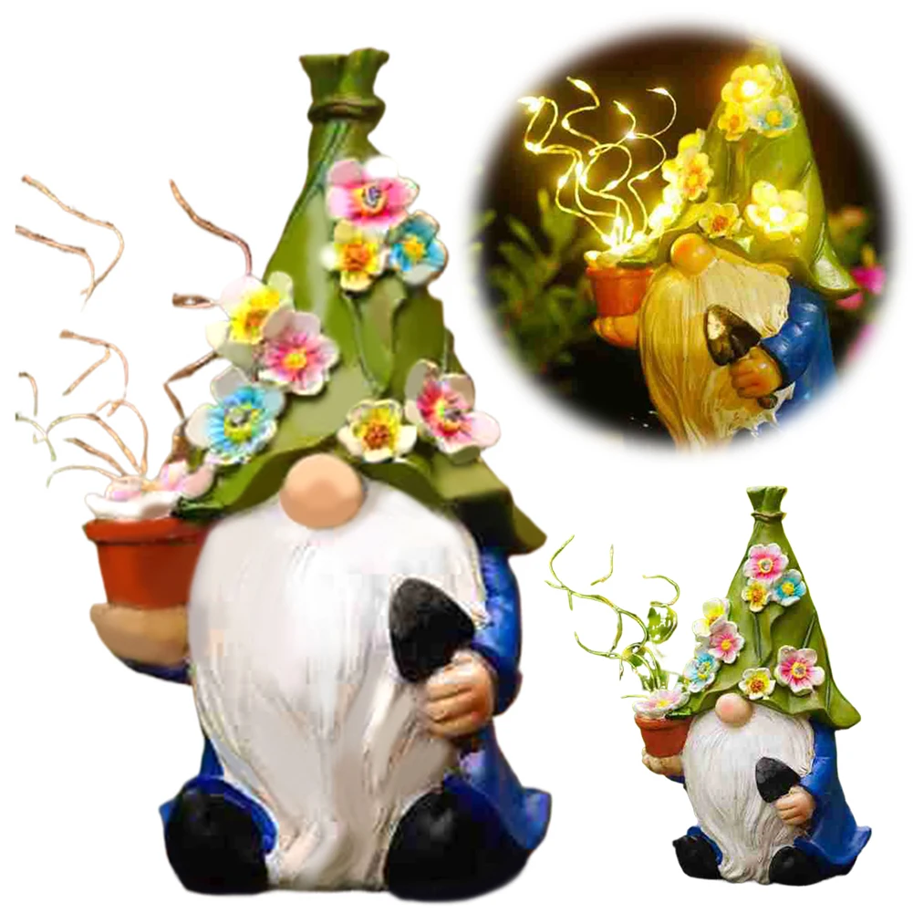 Garden Gnome Statues with Solar LED String Light Resin Crafts Garden Decor Resin Gnome Figurine Gifts for Housewarming Festival