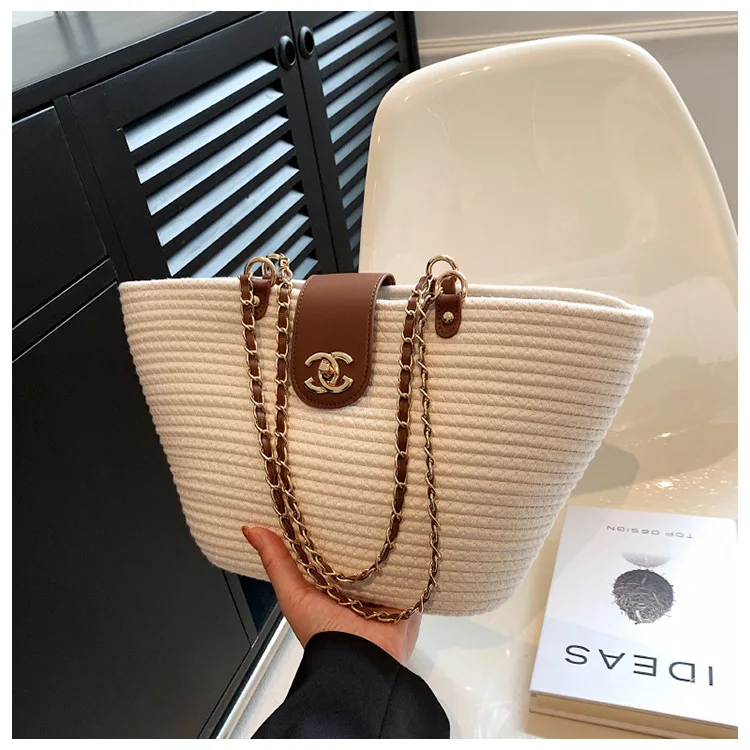 Vegetable basket straw woven bag women's 2026 new summer versatile woven chain shoulder bag large capacity tote bag image 2