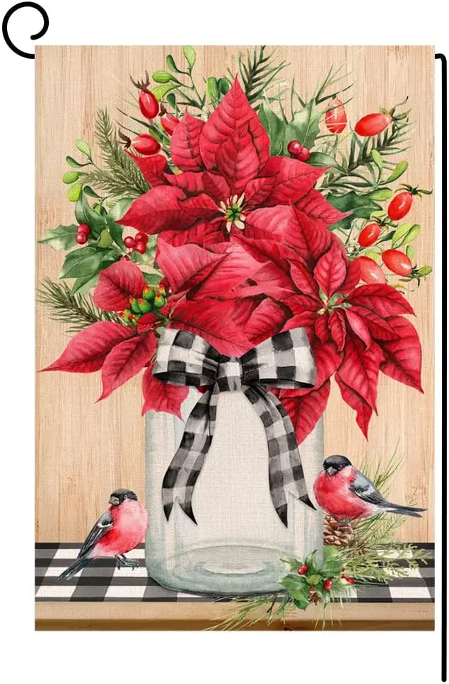 Christmas Poinsettia Vase Garden Flag 12x18 Vertical Double Sided Farmhouse Floral Winter Holiday Outside Decorations Burlap yyi