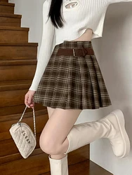 American Retro Coffee Plaid Warm Wool Mini Skirt For Women 2024 HIgh Waist Winter Short Pleated Skirts Female