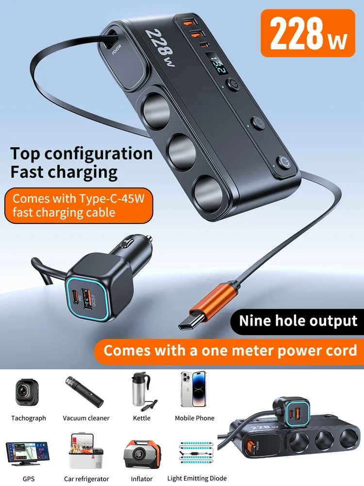 228W 9 in 1 Auto Snellader Adapter Lading Onafhankelijke Schakelaars DC Sigarettenuitgang PD 3 Socket Sigarettenaansteker splitter - afbeelding 2