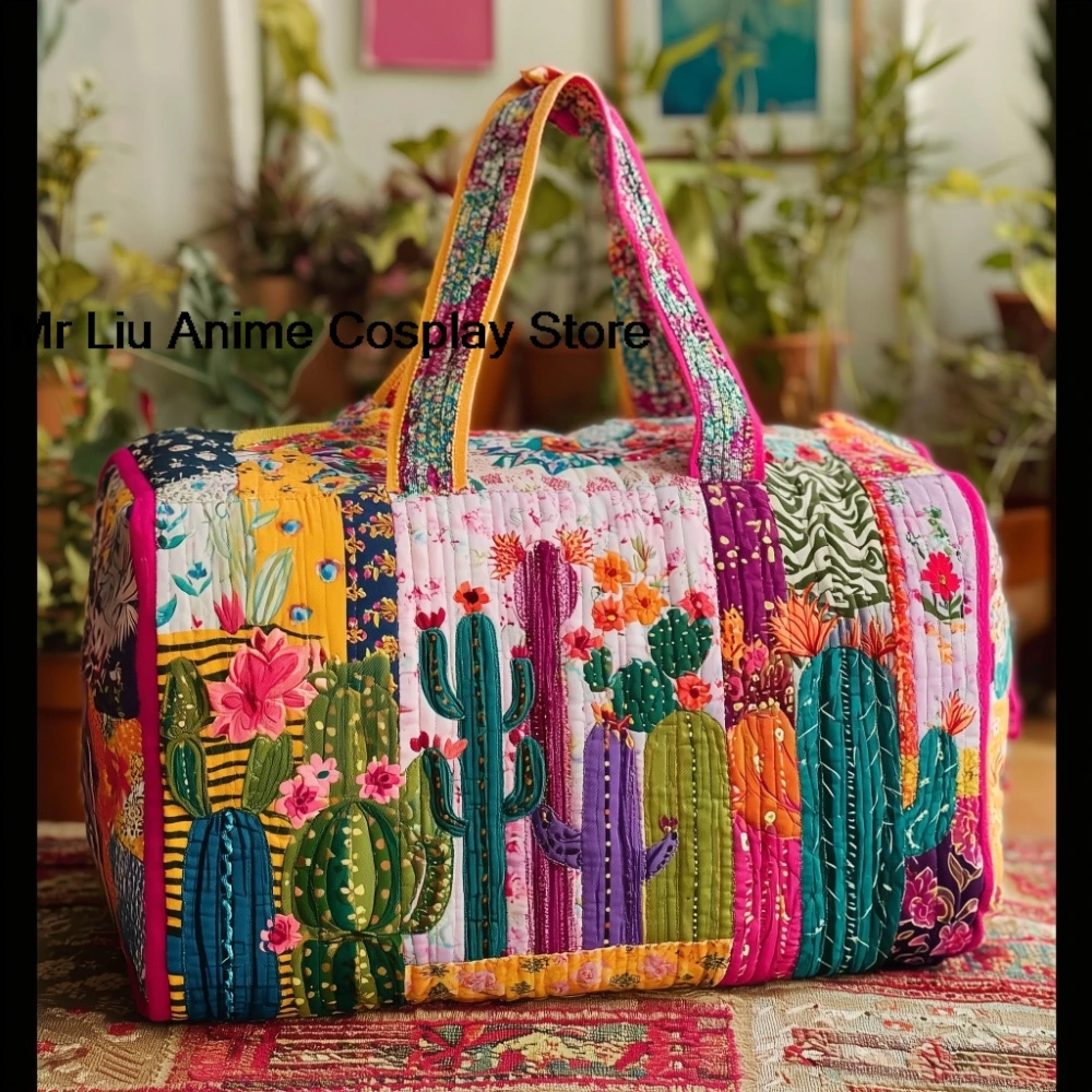 3D Printed Quilted Cactus Floral Travel Duffel Bag Lightweight Polyester Spacious Carry-On Bag for Weekend Trips Gym Vacation