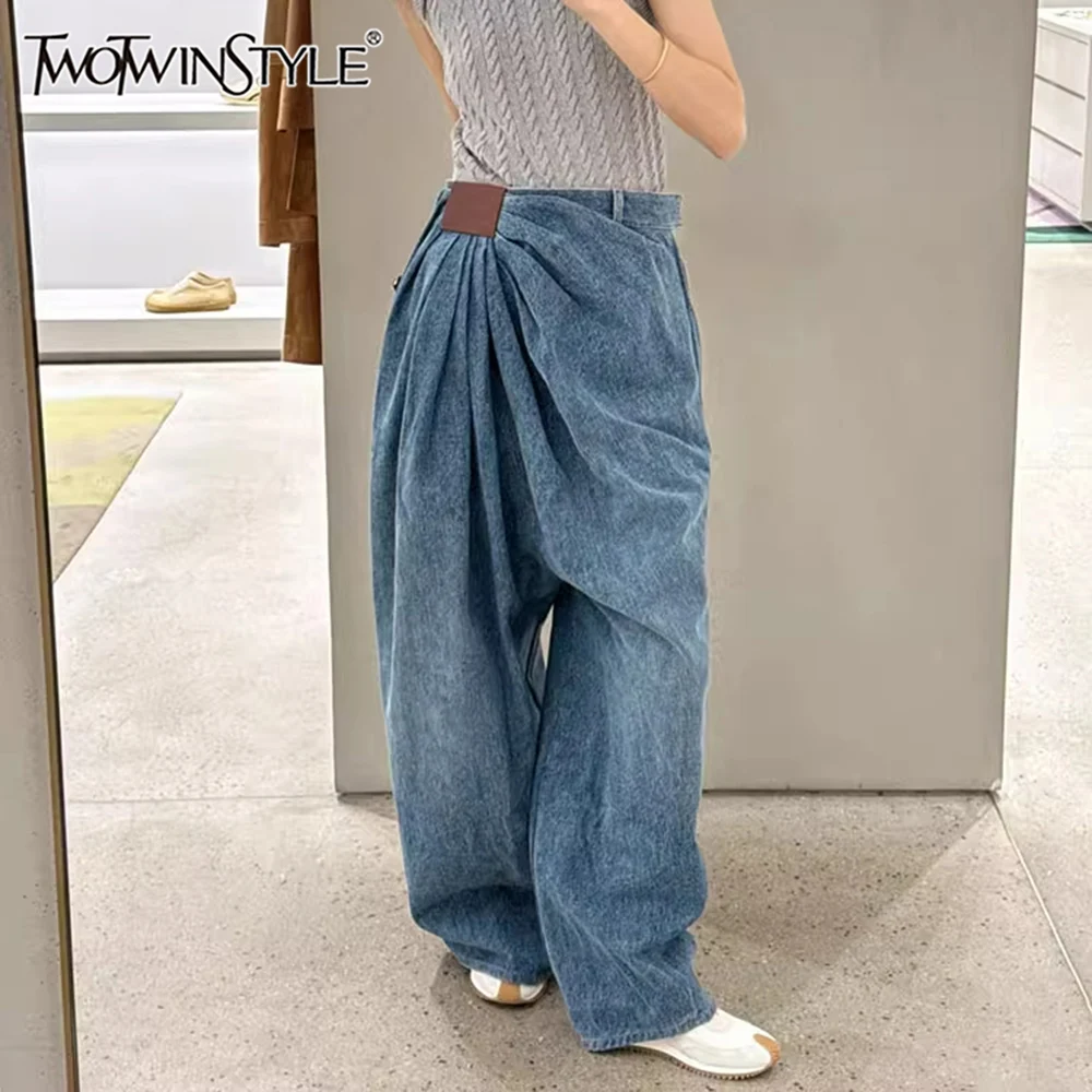 

TWOTWINSTYLE Solid Loose Casual Jeans for Women High Waist Temperament Wide Leg Pant Female Fashion Clothes New