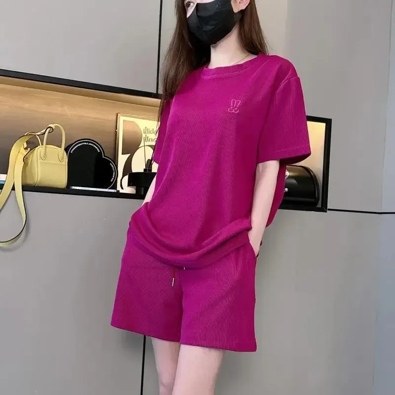 

Casual Short Sleeved Shorts Set for Women's Solid Simple Loose Elastic Waist Tracksuit Thin Korean Loose Two-piece Trendy Set