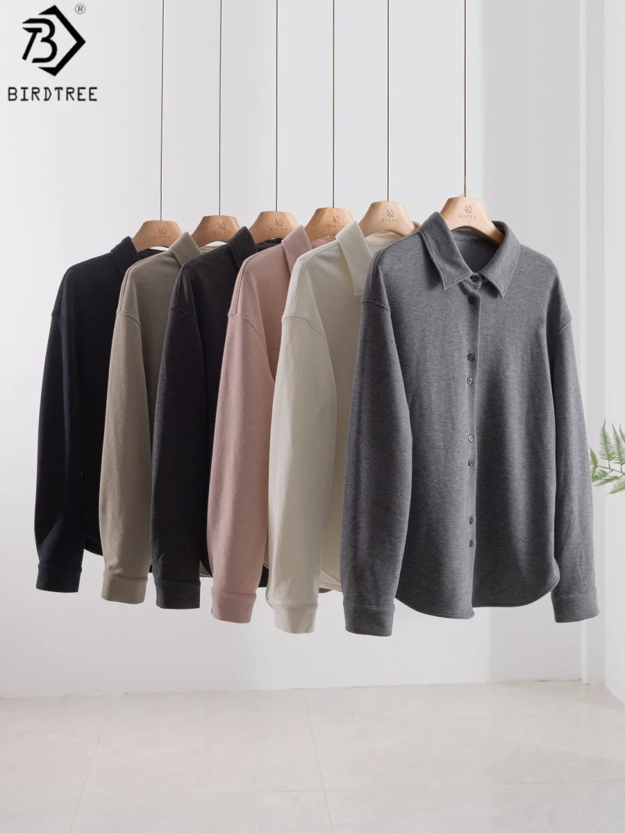 

Birdtree 4.3% Sheep Wool Solid Color Knit Shirt,Women Wool Blend Full Sleeve Polo Collar Autumn Single Breasted Blouse T58024JF