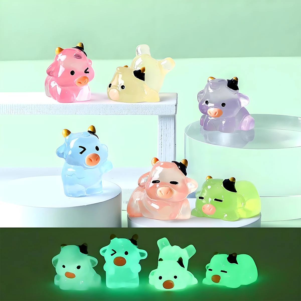 6/12 قطعة مضيئة صغيرة الراتنج البقرة توهج في الظلام الأبقار الملونة الحيوانات الصغيرة أرقام Crafts بها بنفسك الجنية حديقة الزجاج Contai