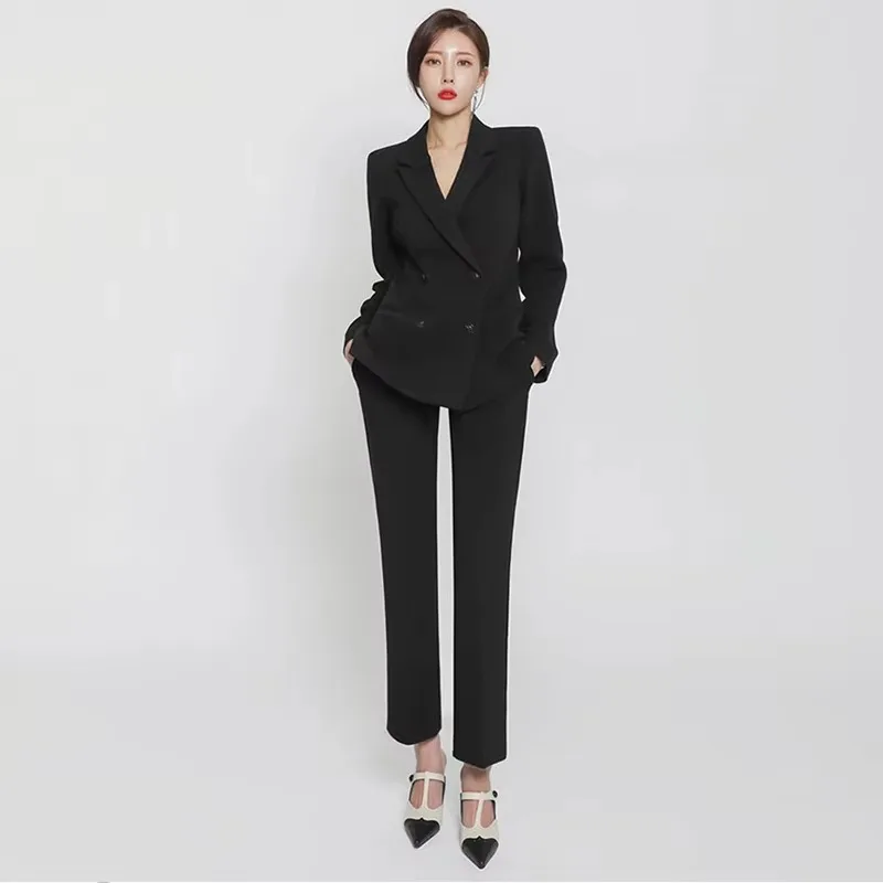 Insozkdg Retro Cropped Blazer Wide-leg Pants Suit Commuter Solid Cinched Waist Double-breasted Coat Trousers Two-piece Set Women