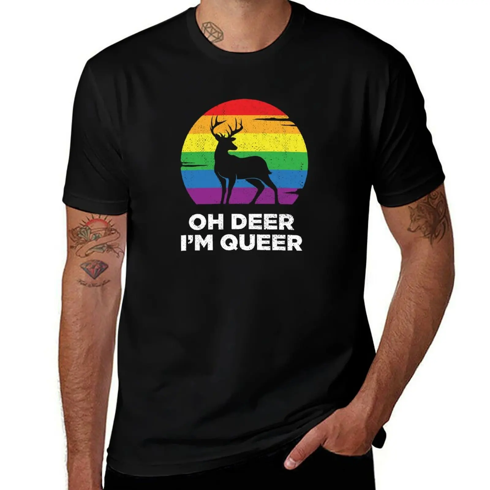

Oh Deer Im Queer Funny Pun LGBT Rainbow T-Shirt black cotton t-shirt plain for man package t shirts for man pack cotton T-Shirt