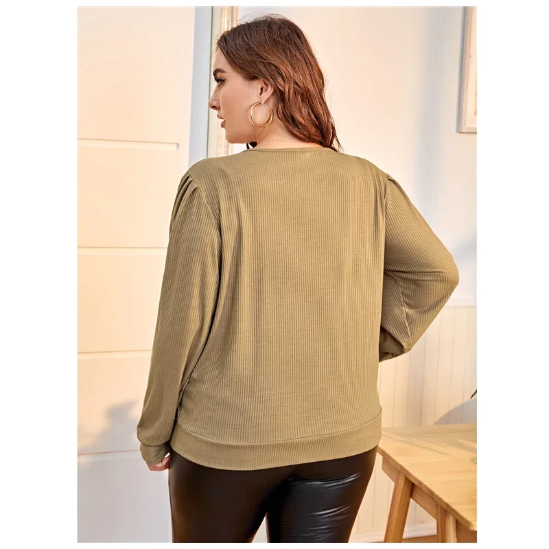 Plus Size Elegant Fashion Blouse 6XL 7XL 8XL Women Long Puff Sleeve Sexy V-neck Spring Casual Ribbed Knitted Tops T-shirt Female