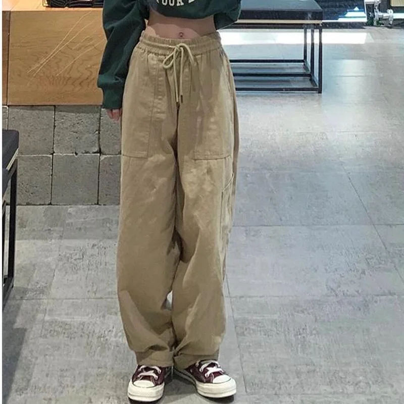 Women S-3XL Casual Pants Safari Style Drawstring High Waist Trousers Loose Japanese Streetwear Vintage Solid Color Hip-hop Bf