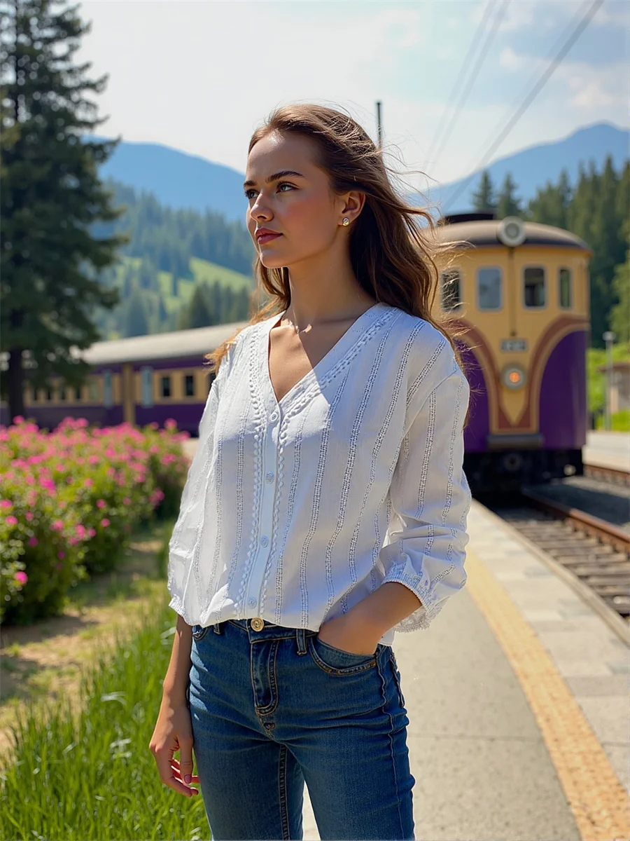 Long Lantern Sleeve Women Elegant Shirts Pearls Beading Plaid Pattern Print Button Front Casual Preppy College Simple Basic