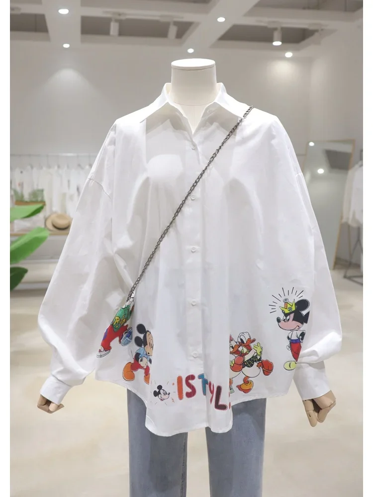 Exquisite Cartoon Print Long-sleeved Shirt 2024 Early Autumn New Loose Versatile Cotton Oversized Womens Tops and Blouses