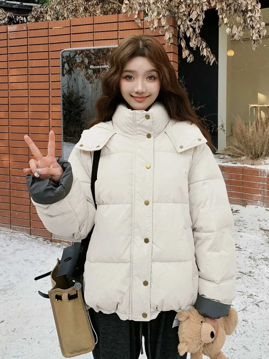 

Women's High Loose Versatile Winter Warm Bread Style Coat 2025 New Korean Style Plaid Stand Collar Short Puffer Cotton Jacket