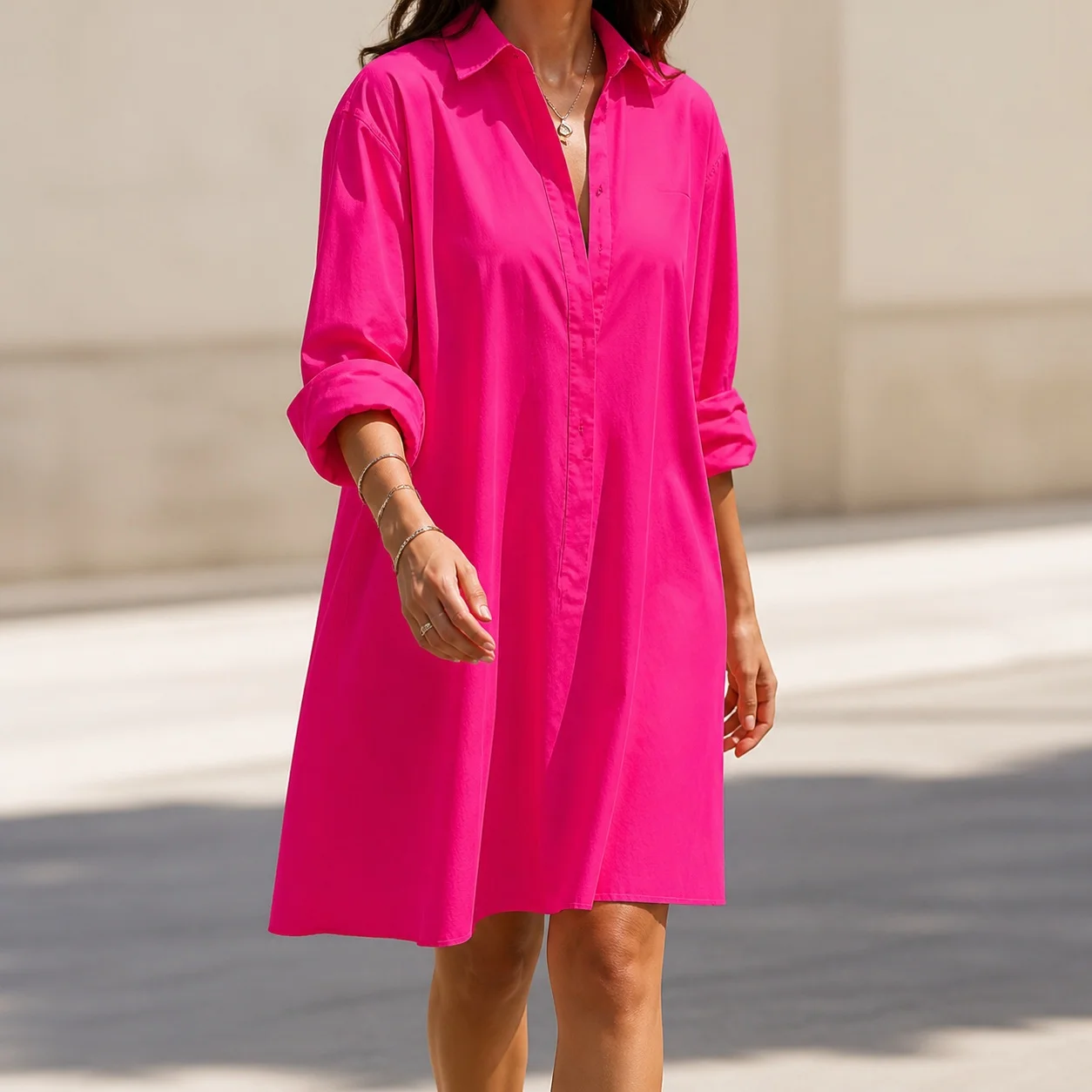 Women's Casual Elegant Solid Color Mid-Length Loose Waist Shirt Dress with Collar and Long Sleeves for Women Summer Wear
