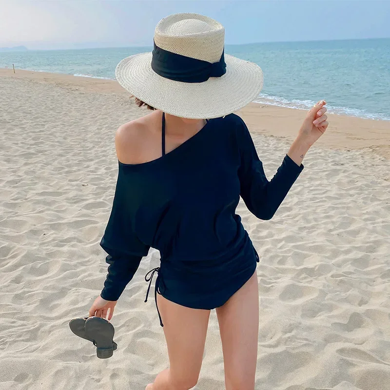 

Korean Style Long Sleeve Sporty Women's Bikini Set High Waist One Piece Swimsuit Slimming Triangle Design Cover up Belly