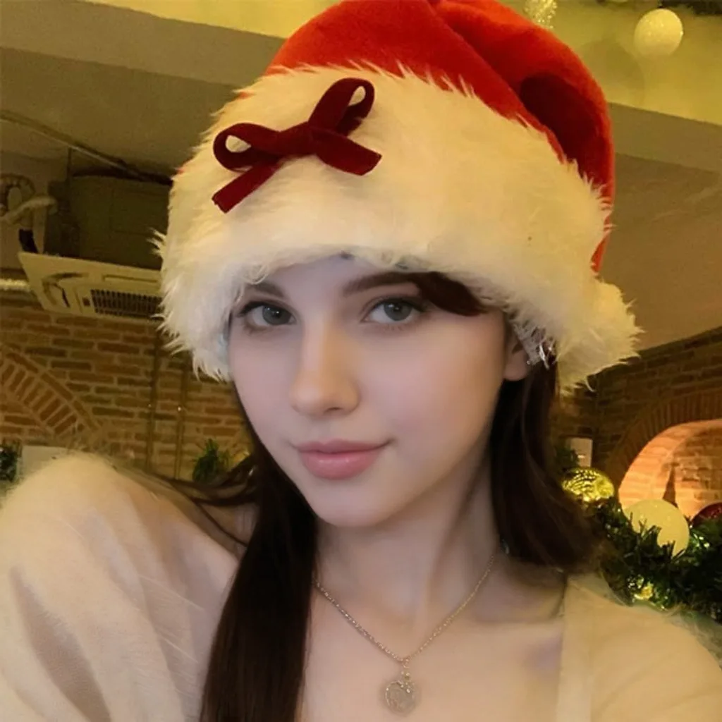 

New black bow Christmas hat sweet cool hat winter girls red plush warm hat Christmas headgear
