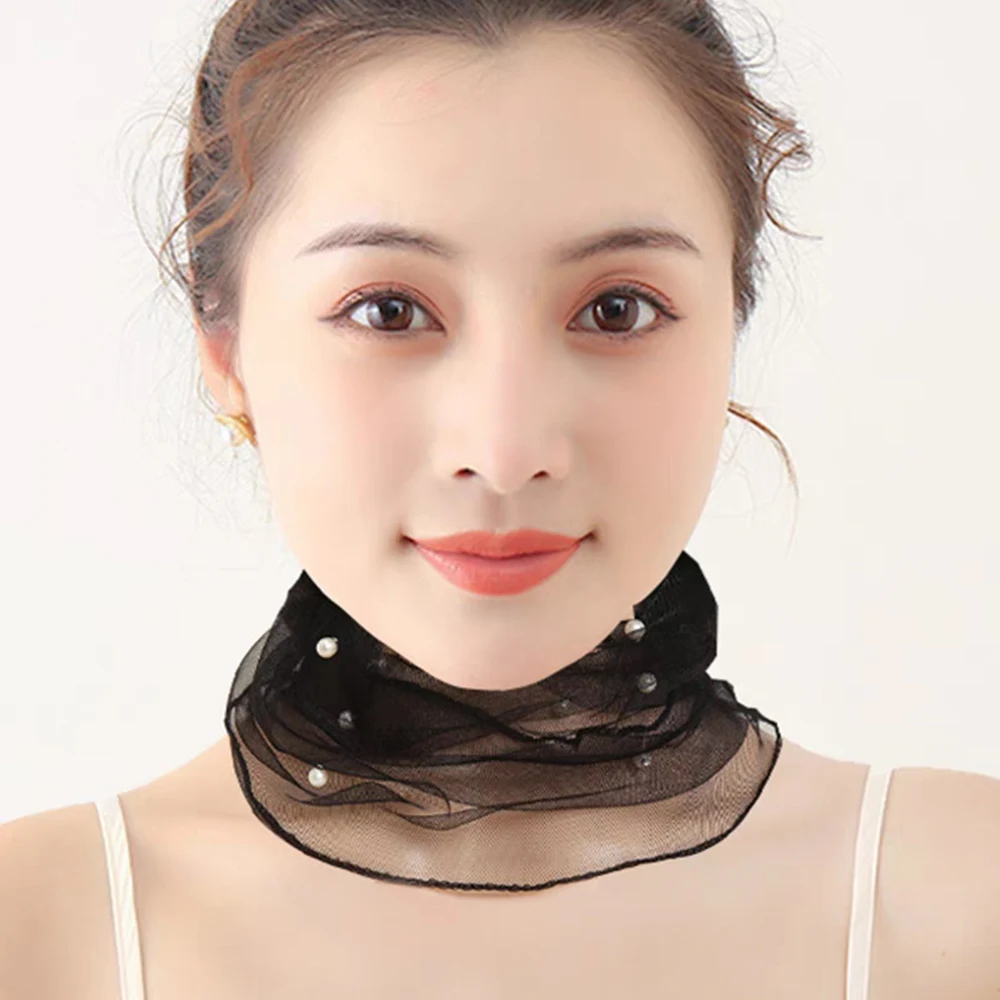 Women Lace Beaded Neck Cover Mesh Fake Pearl Collar Scarf Lady Summer Sunscreen Scarves Organza Elastic Small Neckerchief New