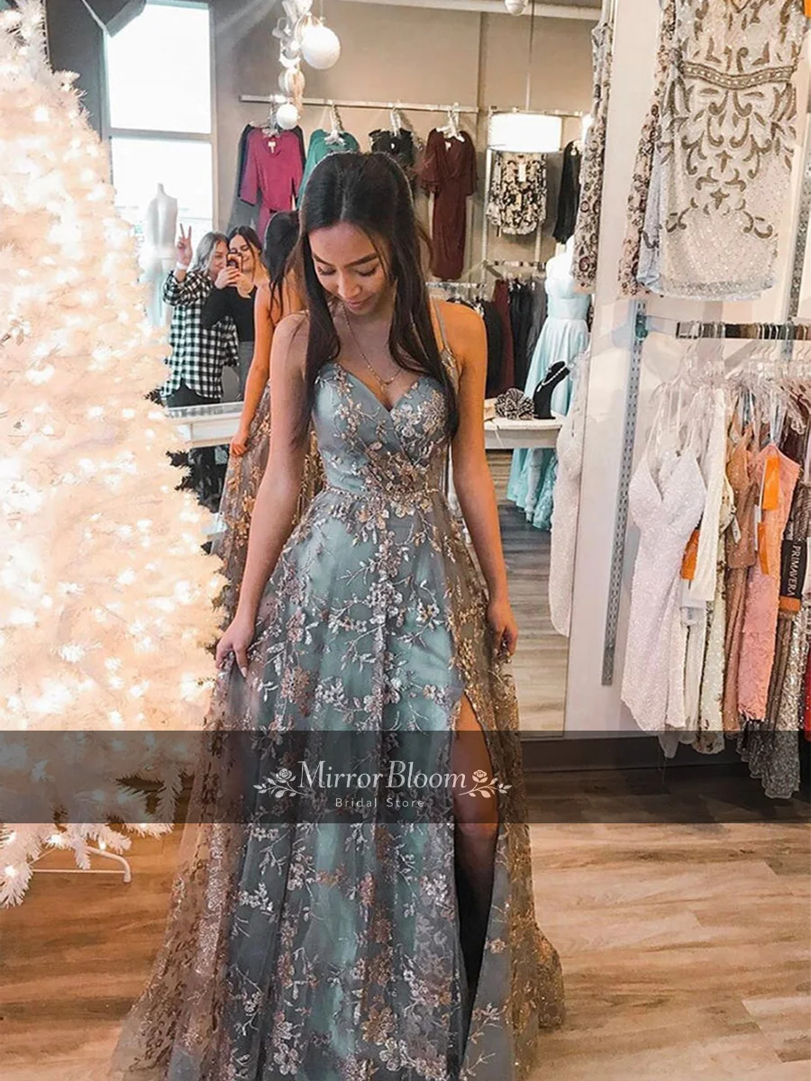 

Customized Dusty Blue Spaghetti Lace Strap Prom Dress Floor Length 3D Floral Lace High Split A Line Formal Evening Party Gown