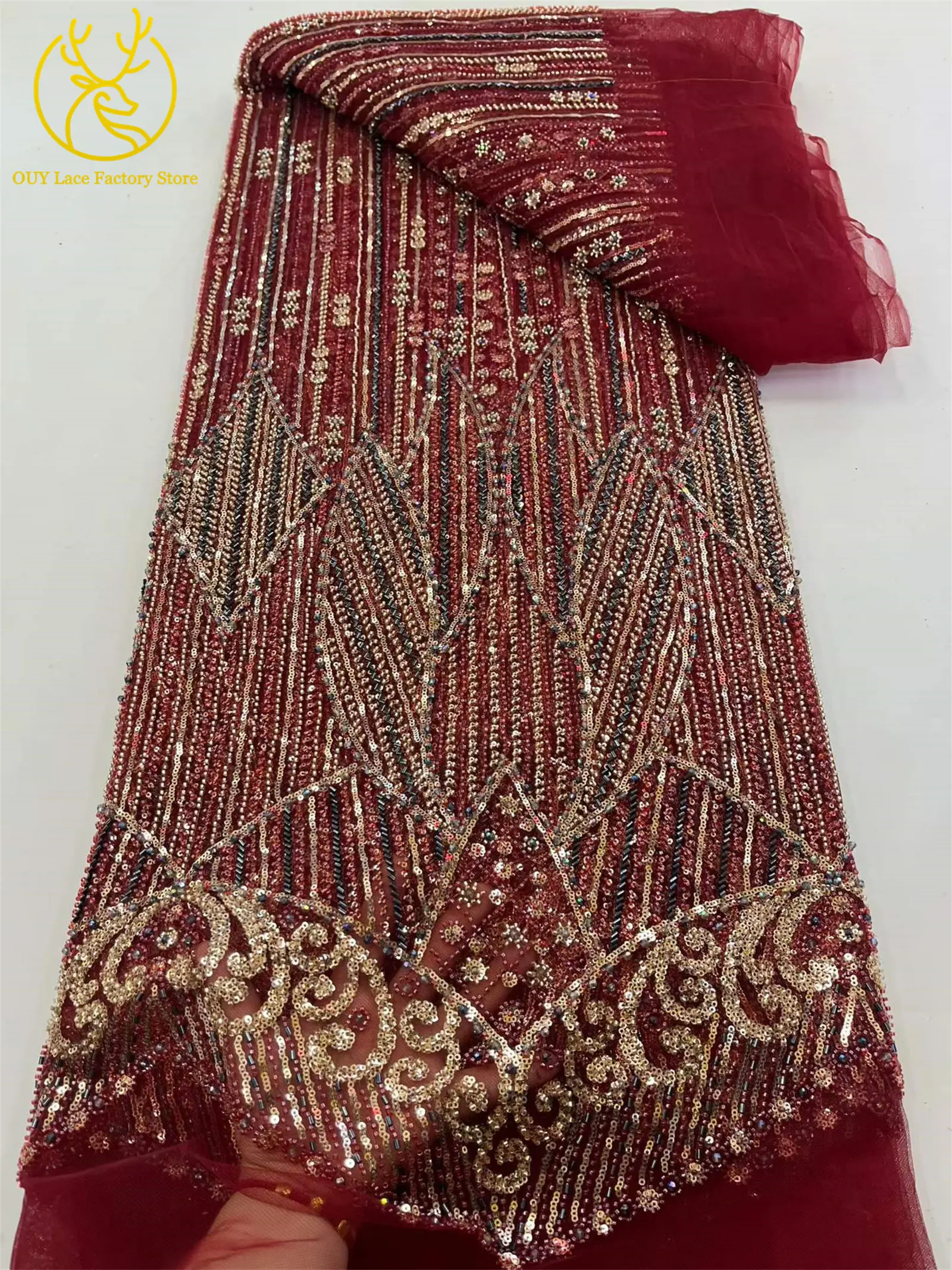 Hochwertiger, luxuriöser nigerianischer Perlen-Pailletten-Spitzenstoff im neuen Stil, weinroter afrikanischer Spitzenstoff, französische Spitze für Damen-Partykleider – Detail 9