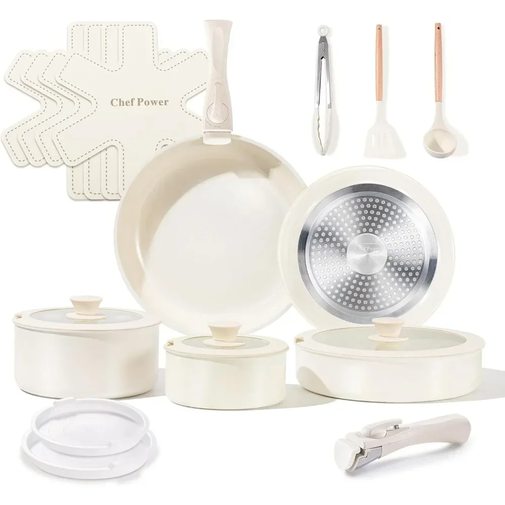 Set di pentole in ceramica non tossico con manici staccabili, padelle e pentole antiaderenti salutari, set da 19 pezzi, senza POA e PTFE, bianco crema