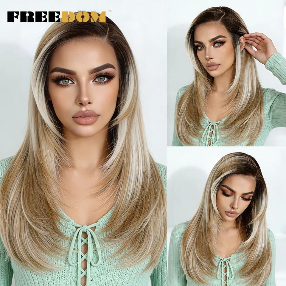 Synthetic Lace Front Wigs For Women 18 Inch Side Part Pre Plucked Straight Layered Lace Wig Ombre Brown Blonde Daily Use Wig