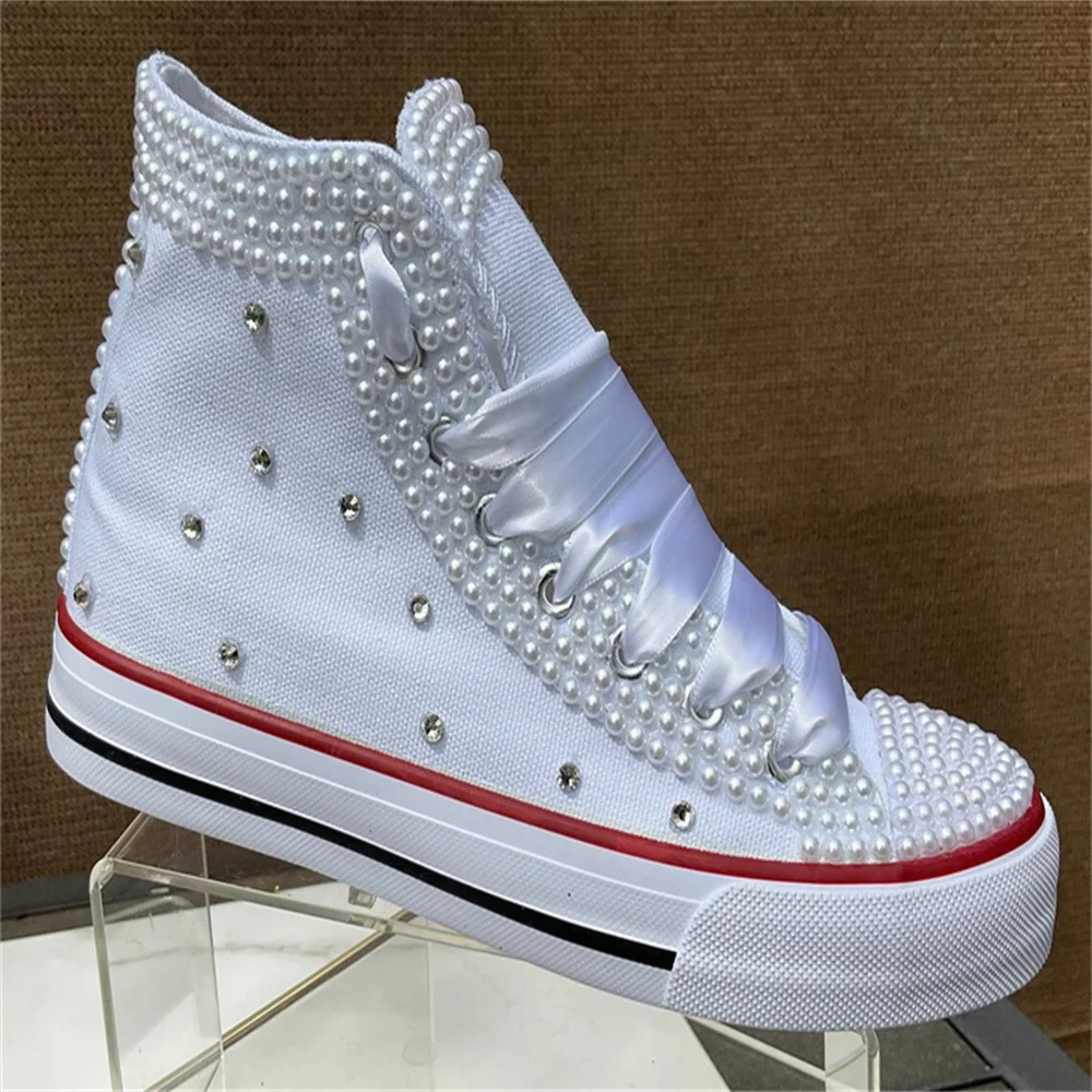 White high top pearl rhinestones ribbon custom style canvas shoes integrated sports casual shoes women\'s shoes 35-44