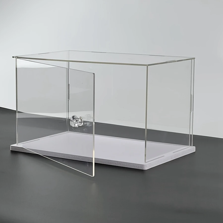 1pc Clear Acrylic Display Case,Display Box Stand with White Base,with Door, Dustproof Protection Showcase for Collectibles