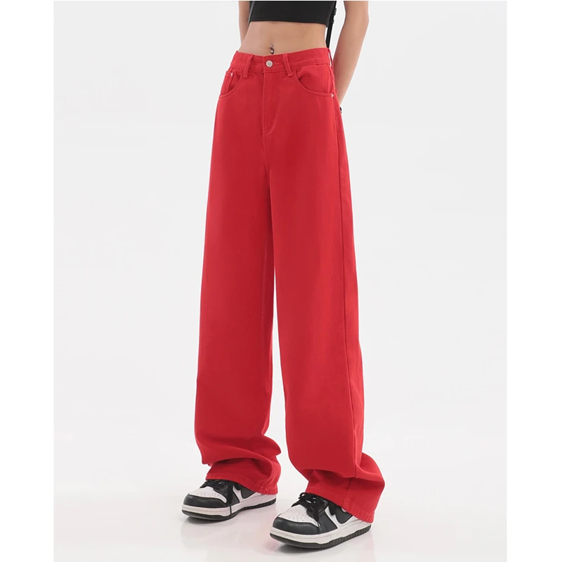 Women's Clothing Red Jeans Vintage Casual Straight Self Cultivation Wide Leg Pants High Waist Baggy Denim Trouser Ladies Summer